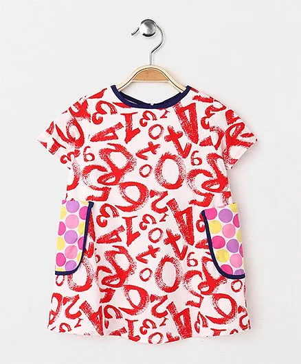 The Kidshop Numbers Print Dress With Polka Pocket - Red