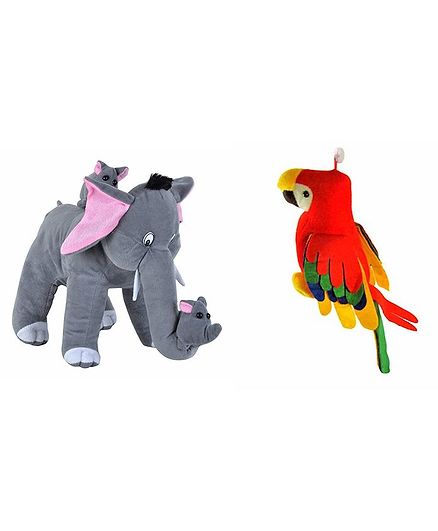 Deals India Mother Elephant With 2 Babies & Parrot Soft Toy - Grey Red
