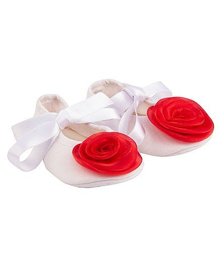 Daizy Ribbon Botties With Rose Flower - White