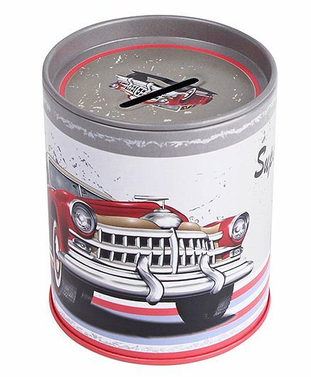 Cylindrical Money Bank Car Print Red White - Height 10 cm