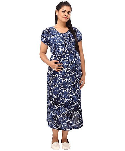 Mamma’s Maternity Short Sleeves Dress Floral Print - Blu