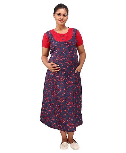 Mamma’s Maternity Short Sleeves Dress With Pocket Floral Print - Blue Red