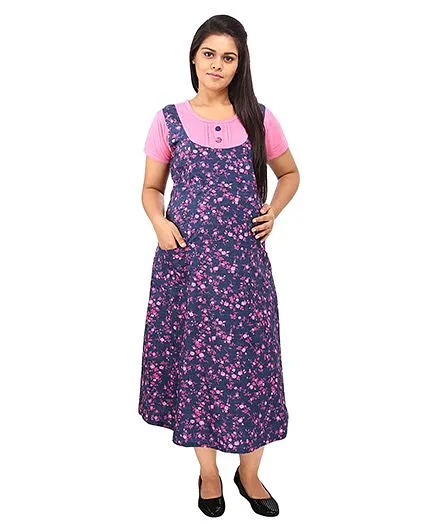 Mamma’s Maternity Short Sleeves Maternity Dress With Pocket Floral Print - Blue Pink
