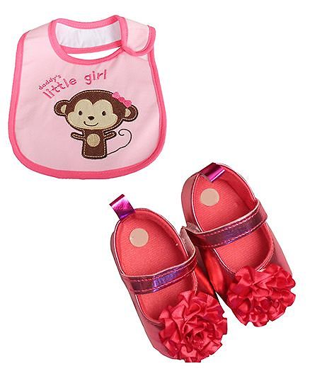 Babies Bloom Sandals & Bib Set Flower Applique & Monkey Patch - Pink
