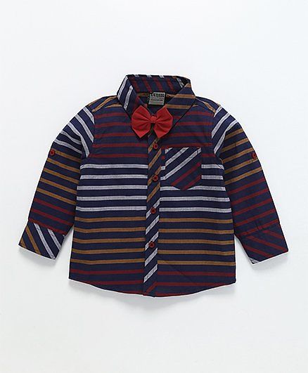 Rikidoos Full Sleeves Collared Striped Shirt With Bow - Navy