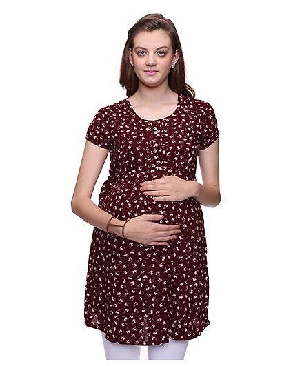 Mamma’s Maternity Short Sleeves Nursing Tunic Floral Print - Maroon