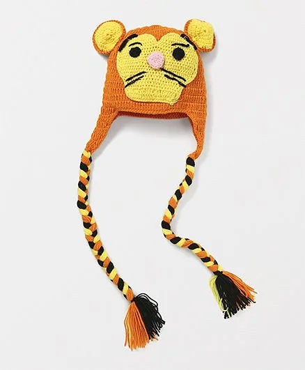 Mayra Knits Cat Design Funky Winter Cap - Orange & Yellow