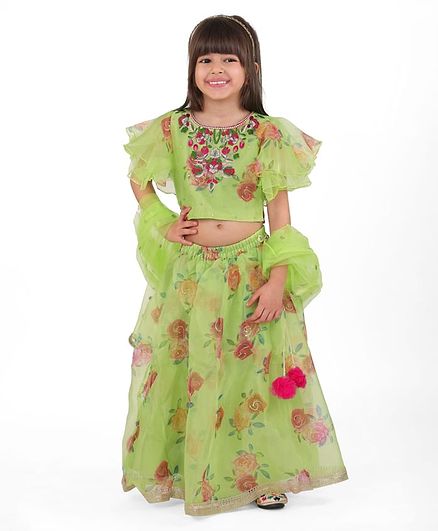 Babyhug Woven Flutter Sleeves Organza Choli Lehenga & Dupatta Set Floral Print & Embroidery - Lime