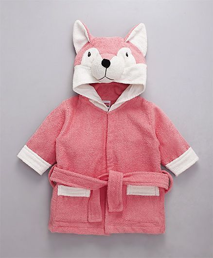 Babyhug Full Sleeves 3D Hooded Bathrobe - Light Coral