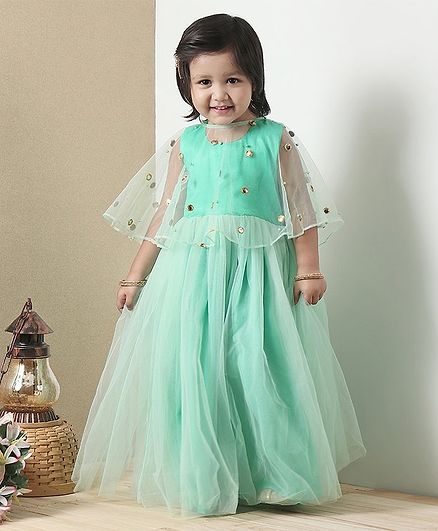 Babyoye Sleeveless Ethnic Dress With Net Cape - Green