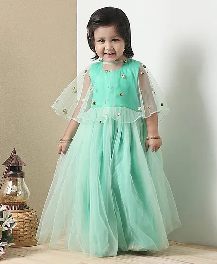 Babyoye Sleeveless Ethnic Dress With Net Cape - Green