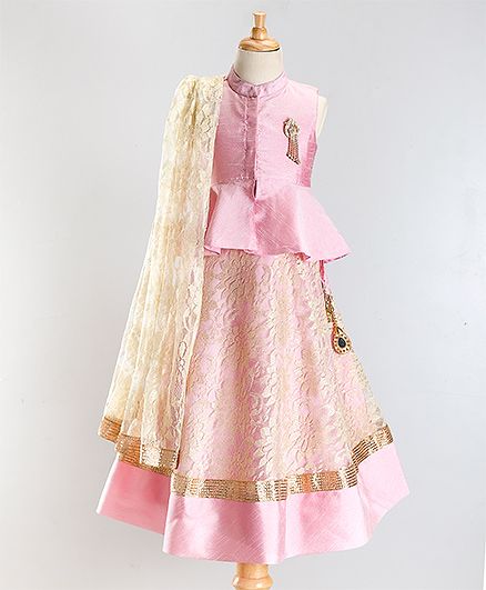Babyoye Sleeveless Choli With Lehenga & Dupatta - Light Pink