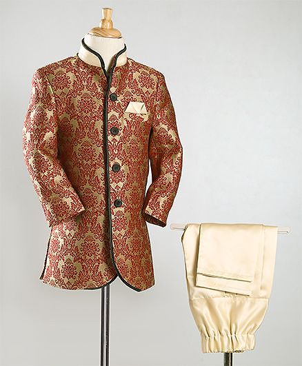 Babyoye Full Sleeves Sherwani With Pajama - Red & Beige