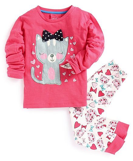 Lazy Shark Cat Printed Full Sleeves Night Sets - White & Pink