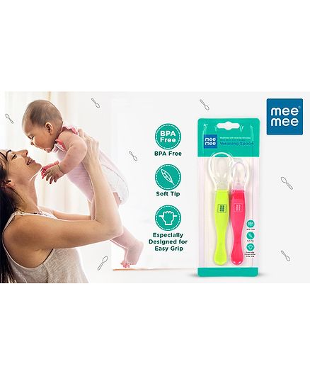 Mee Mee 3 In 1 Baby Weaning Spoon Set of 2 - Pink Green