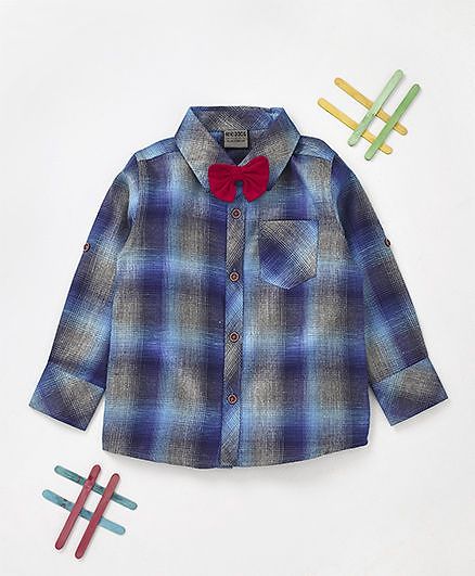 Rikidoos Plaid Shirt With Solid Bow - Blue