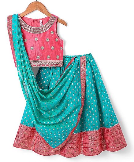 Babyhug Woven Sleeveless Choli Lehenga & Dupatta Set with Foil Print - Pink & Aqua Blue