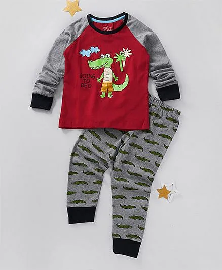 Lazy Shark Dinosaur Printed Nightwear Top & Bottom Set - Red & Grey