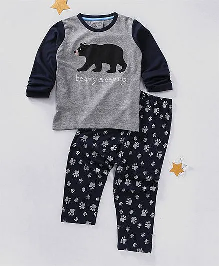 Lazy Shark Bearly Sleeping Printed Nightwear Top & Bottom Set - Grey & Black