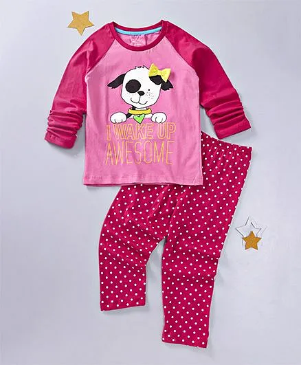 Lazy Shark Printed Nightwear Top & Bottom Set - Pink