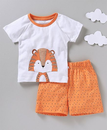 Babyoye Half Sleeves Night Suit Animal Print - White Orange