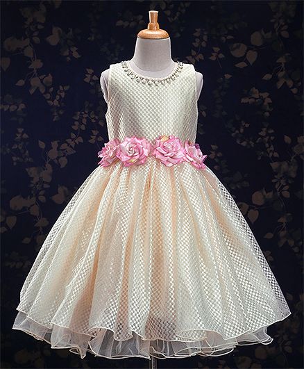 Bluebell Sleeveless Ankle Length Dress With Rose Applique - Cream