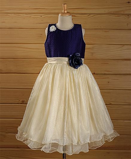 Bluebell Sleeveless Party Wear Ankle Length Frock Rose Applique - Dark Navy Cream