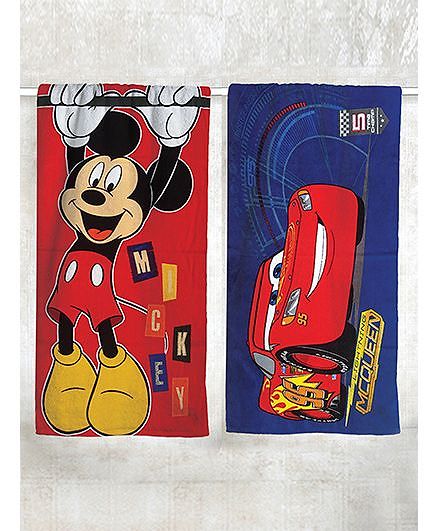 Disney Cars & Mickey Mouse Printed Bath Towel Pack of 2 - Red Blue