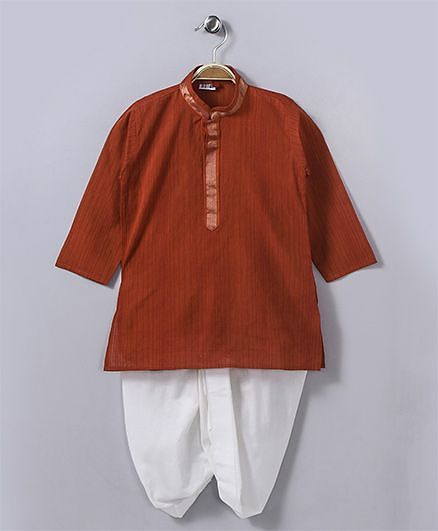 Ethnik's Neu Ron Full Sleeves Kurta With Dhoti - Rust Red & White