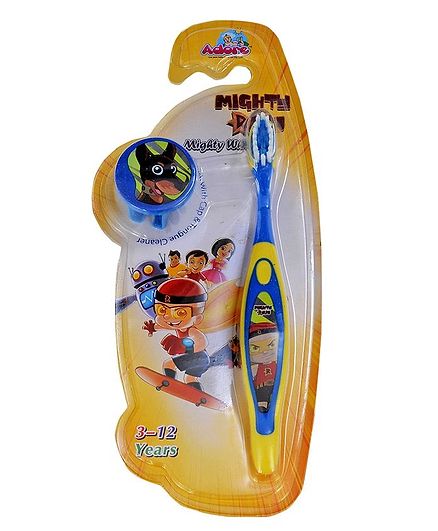 Adore Mighty Raju Kids Toothbrush With Cap And Tongue Cleaner (Color May Vary)
