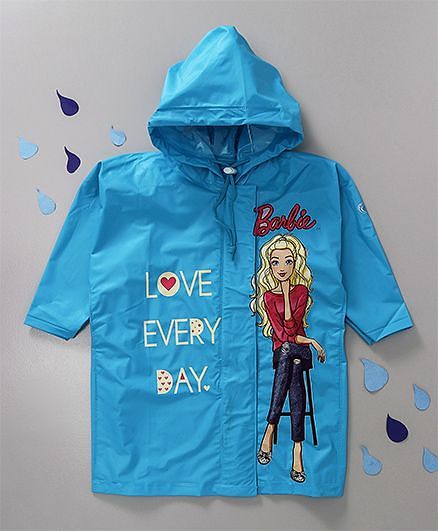 Babyhug Hooded Raincoat Barbie Print - Sky Blue