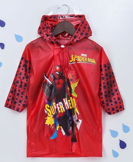 Babyhug Full Sleeves Hooded Raincoat Spider-Man Print - Red