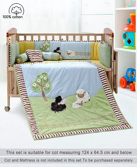 Babyhug Premium Cotton Crib Bedding Set Farm Theme Small Pack of 6 - Light Green (Cot not Included)