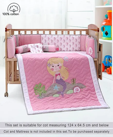 Babyhug Premium Cotton Crib Bedding Set Seahorse Theme Small Pack of 6 - Pink (Cot not Included)