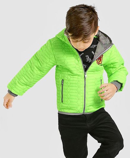 Babyhug Full Sleeves Hooded Quilt Jacket With Badge - Green