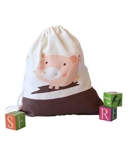 Shumee Treasure Trove Canvas Bag Pig Print - Off White Peach
