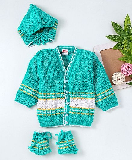Babyhug Full Sleeves Sweater With Booties & Cap - Green
