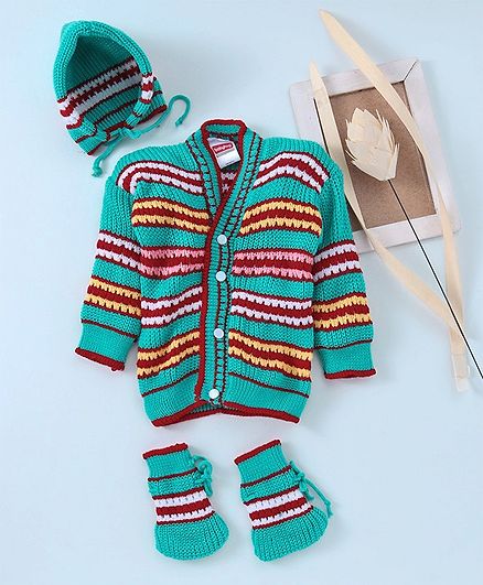 Babyhug Full Sleeves Sweater Tie Knot Cap & Booties Set - Green