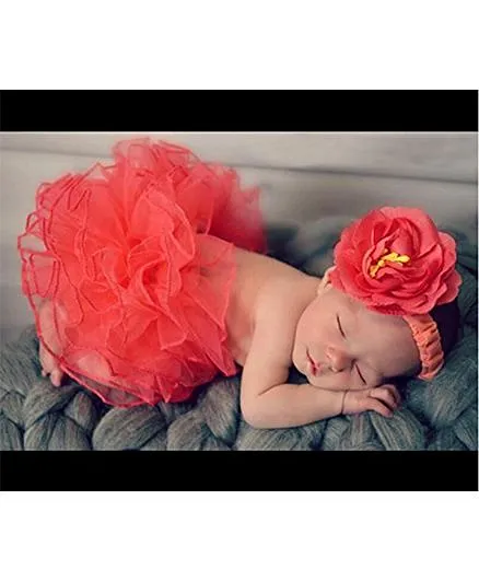 Babymoon Tutu Skirt With Headband Baby Photography Props Floral Applique - Red