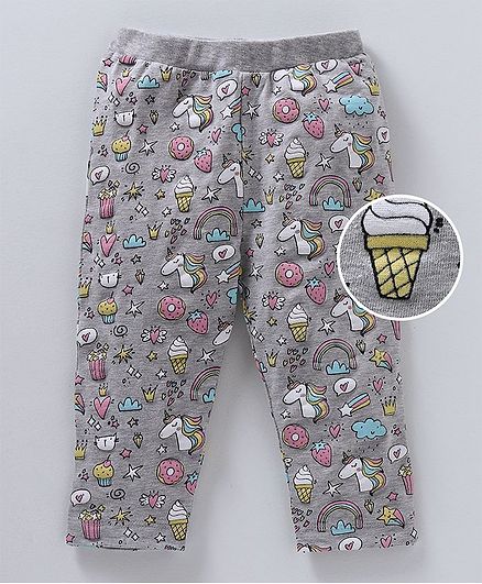 Babyoye Full Length Knit Leggings Unicorn Print - Melange Grey