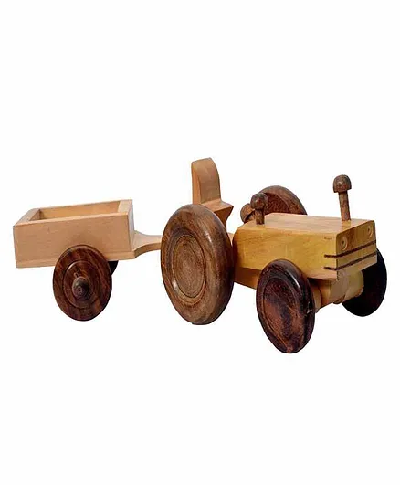 Desi Karigar Wooden Tractor Trolley Moving Toy - Yellow Brown