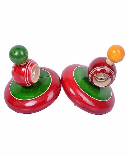 Desi Karigar Classic Wooden Windup Spinning Tops Pack of 2 - Green Red