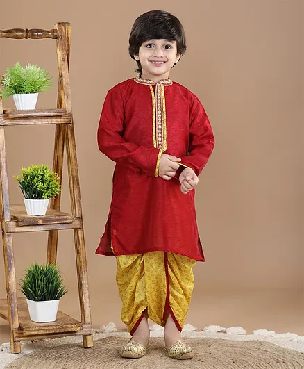 Babyhug Full Sleeves Kurta & Dhoti Set With Lace - Maroon & Yellow