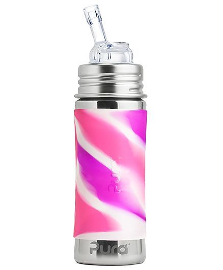 Pura Kiki Swirl Stainless Steel Straw Baby Feeding Bottle Pink - 325 ml