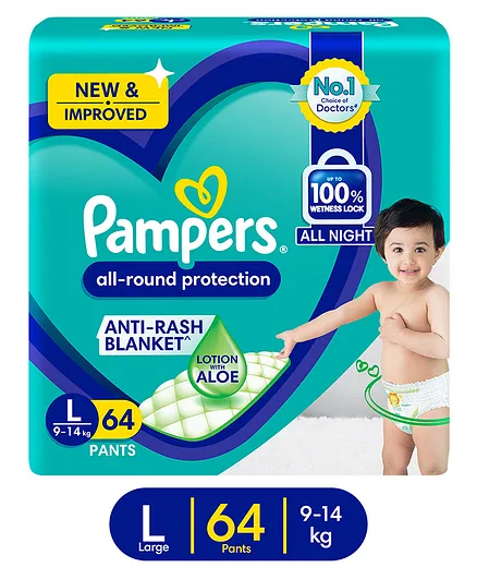 Pampers All round Protection Pants, Large size baby diapers (L) 64 Count, Lotion with Aloe Vera