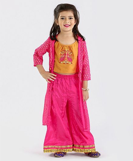 Babyoye Sleeveless Embroidered Top & Palazzo Set With Jacket - Yellow & Pink
