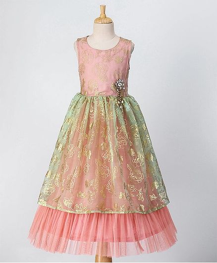 Babyoye Sleeveless Floral Layered Ethnic Gown With Studded Brooch - Peach Green