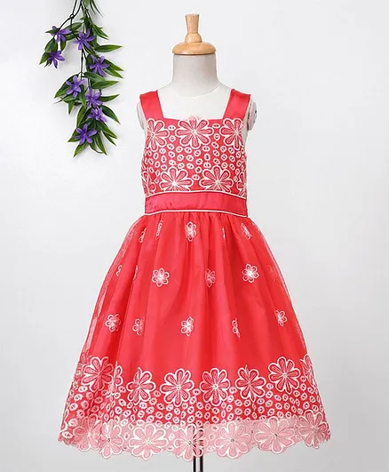 Babyhug Sleeveless Embroidered Party Dress - Coral