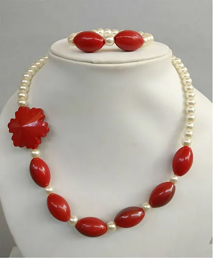 Tiny Closet Pearl Necklace & Bracelet Set - Red