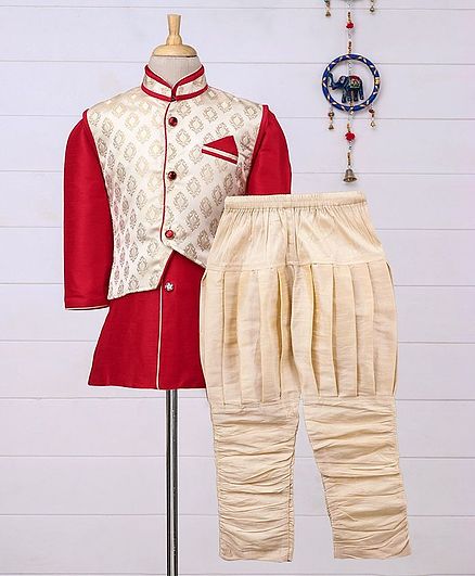 Babyhug Full Sleeves Kurta Pajama Set With Printed Jacket - Beige & Red